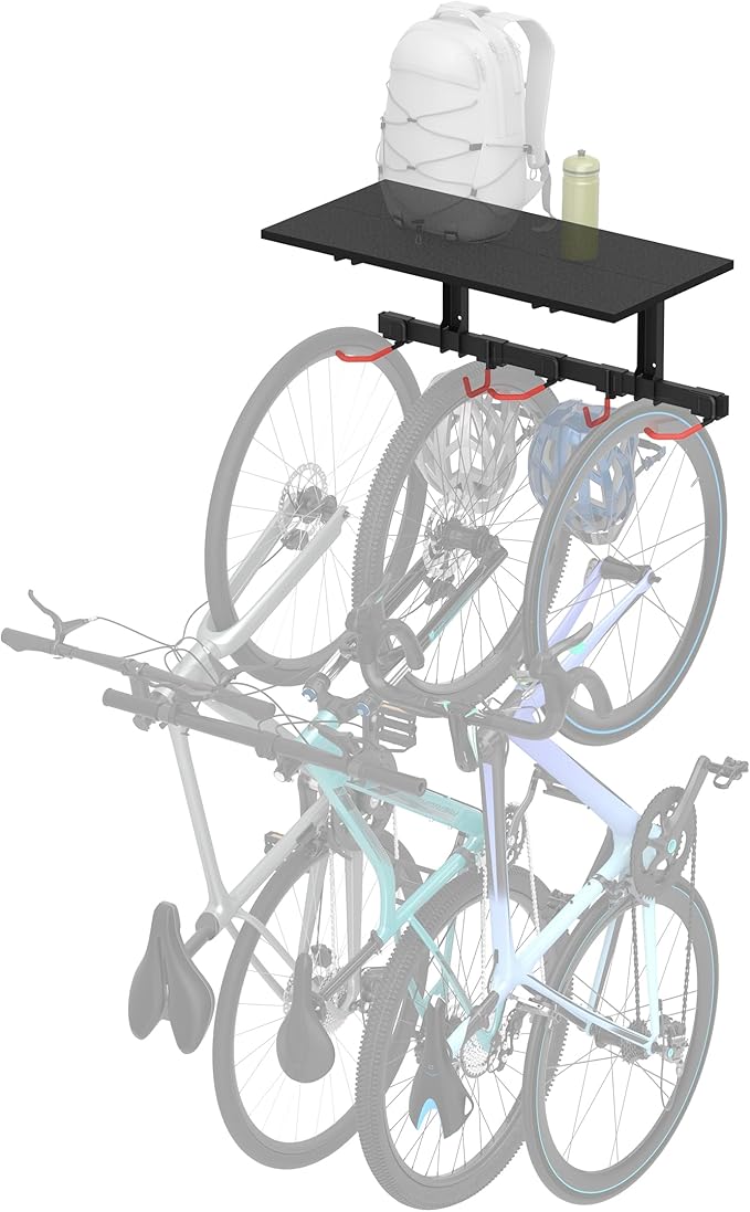 Mount-It! WheelsUp Bike Wall Mount with Shelf | Garage Storage Rack for 3 Bikes & Accessories | Adjustable Padded Hooks, 110 lb Shelf Capacity | Ideal Bike Rack Garage Wall Mount for Organized Spaces