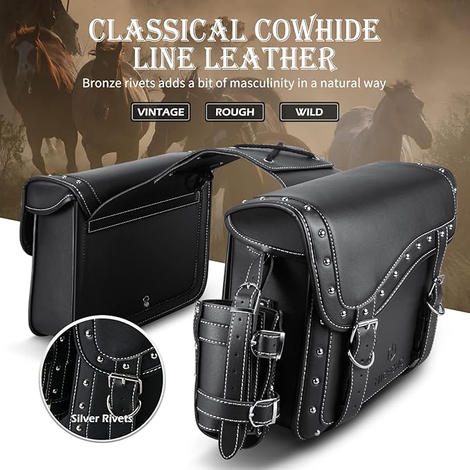 NICECNC Motorcycle Saddle Bags, PU leather Motorcycle Saddlebags, Reinforced Straps & Saddle Piece, with Cup Holder, Throw Over Saddle Bags Side Bags Universal Motorcycle Accessories bags, BlACK