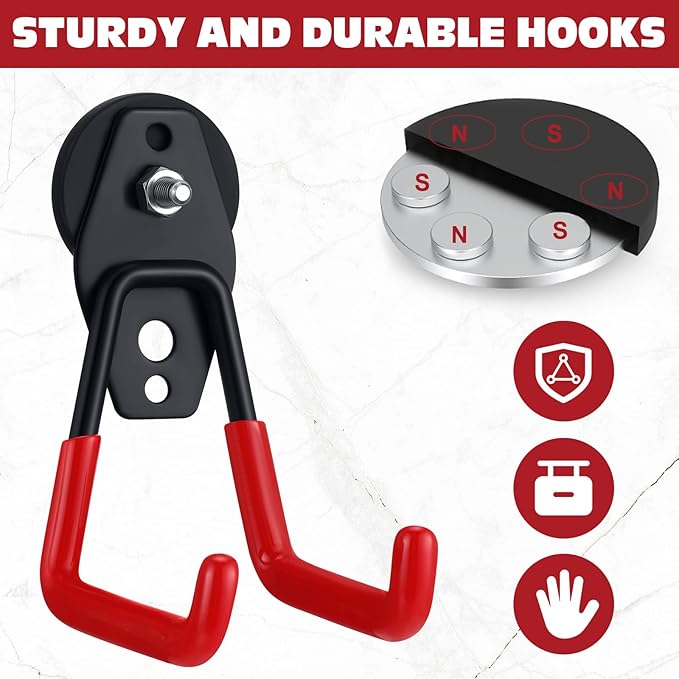 Landhoow Large Magnetic Hooks Heavy Duty Garage Magnet Hooks Strong Storage Utility Magnetic Hangers with Anti Slip Rubber Coating for Indoor and Outdoor Hanging(Red,6 Pcs)