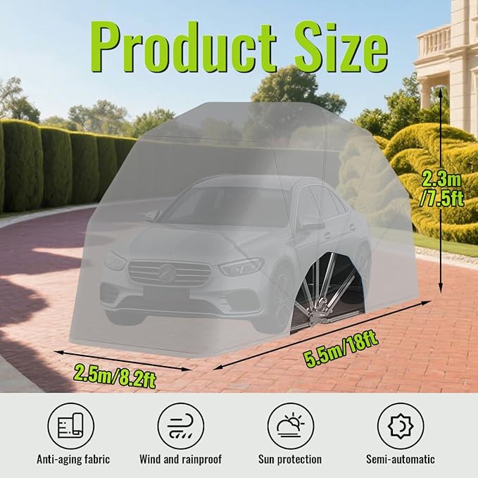 18×8.2×7.5FT Heavy Duty Carport, Portable Stainless Steel Garage, Retractable Folding Automatic Car Tent, All Weather Proof Carport, for Car, Boat, Car Canopy with All-Season Tarp