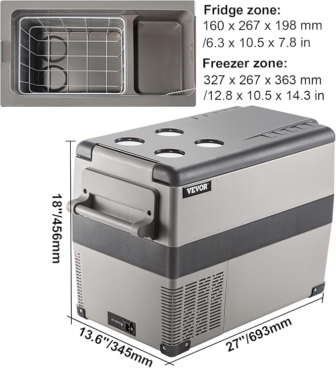VEVOR 12 Volt Refrigerator, 48 Quart (45L) Fast Cooling Portable Freezer with App Control (-4℉~68℉), Car Fridge with 12/24v DC & 110-240v AC for Travel, Truck, Camping and Home Use, Grey