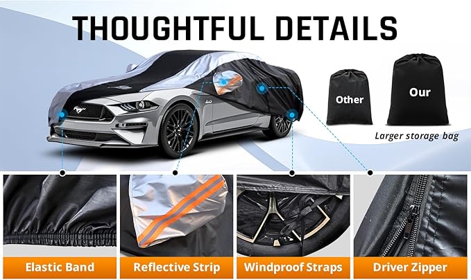 Mustang Car Cover Waterproof All Weather with Silver Strip Design, Custom Fit for Ford Mustang 1994–2025, Mustang Accessory with Door Zipper & Windproof Straps