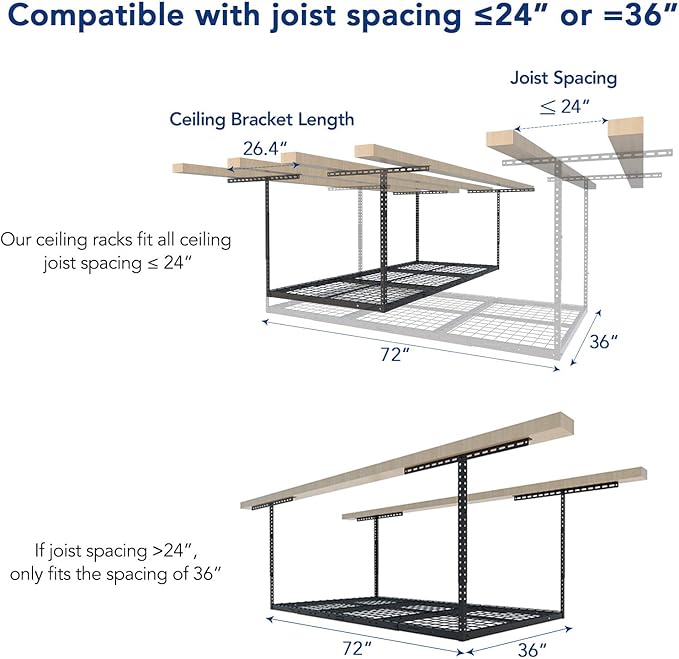 FLEXIMOUNTS 3x6 Overhead Garage Storage Adjustable Ceiling Rack 72" Length x 36" Width x 40" Height, 450lbs Weight Capacity, Black