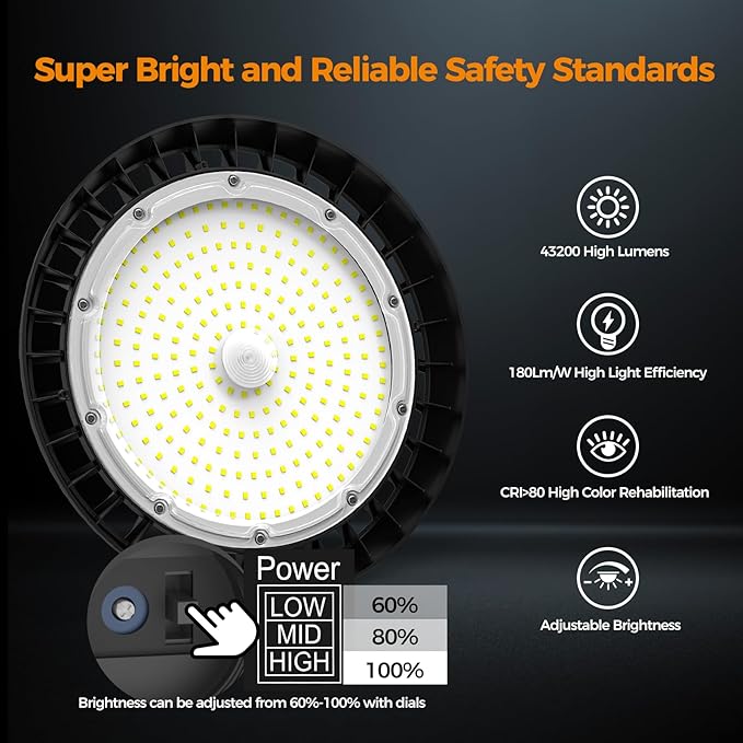 High Bay Lights LED UFO Light 240W LED Shop Lights 6000K IP65 Commercial Bay Lighting Fixture 43200 LM Super Bright, 5ft Cable Plug & Play for Warehouse Factory Garage Workshop Barn 24 Pack