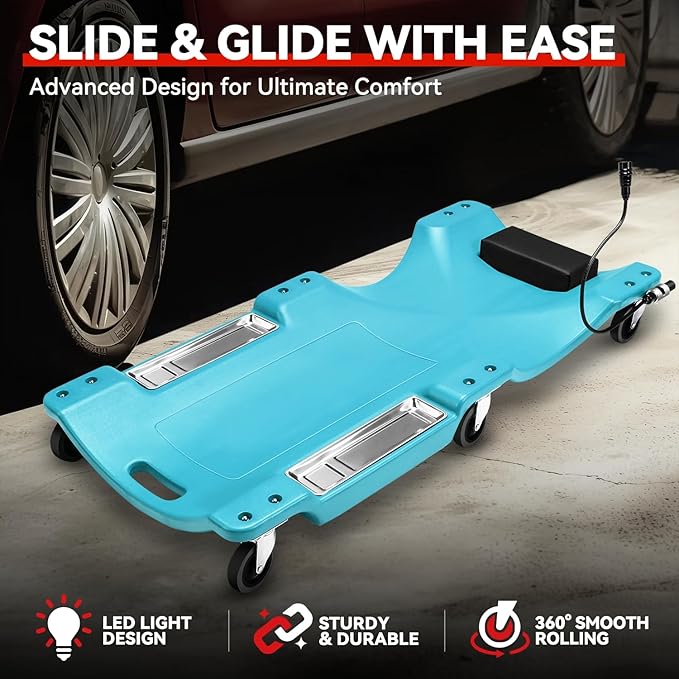 Auto Dynasty 40 Inches Mechanic Creeper, Automotive Garage Repair Low Profile Under Car Rolling Creeper with LED Light and Padded Headrest, Plastic, Sky Blue