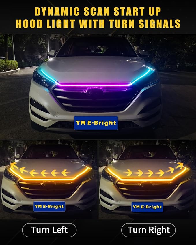 YM E-Bright Car Led Lights Exterior RGB Hood Light Strip Waterproof Multicolor Dynamic Scan Start Up Hoodbeam Kit DRL Daytime Running Lights for Cars,Truck,SUV,APP Remote Control,12V 59inch