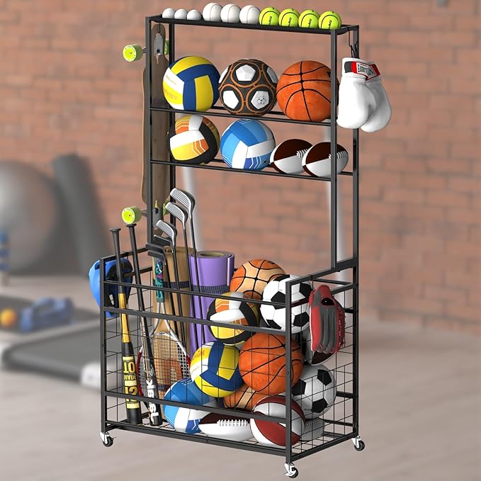 smusei Sports Equipment Organizer Garage Basketball Ball Holder for Sports Gear and Toys Garage Ball Storage Rack Cart with Wheels and Hooks for Volleyball Football Basketball, Indoor/Outdoor, Black