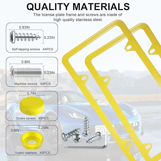 LivTee 4 Holes Stainless Steel License Plate Frames, 2 PCS Car Licence Plate Covers, Automotive Exterior Accessories Slim Design with Bolts Washer Caps for US Vehicles, Yellow