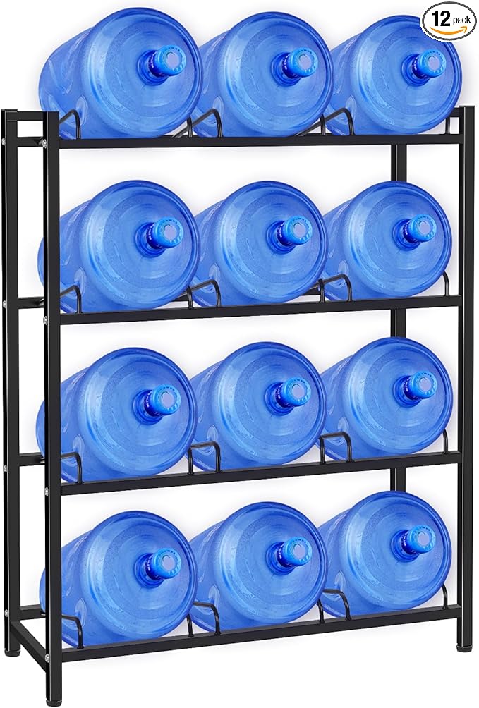 jolybebe 5 Gallon Water Jug Holder for 12 Bottles Without Wobbling, New Upgraded Heavy Duty 4 Tier Thicken Water Bottle Storage Rack for Home, Office, Kitchen, Warehouse, Garages Black