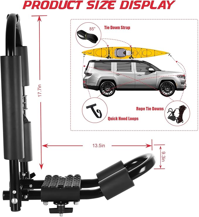 FORWODE Premium Kayak Roof Rack, 1 Pair J-Bar Roof Rack, Folding Adjustable Rack, Weight 80 LBS Heavy Duty Kayak Roof Carrier 1 Kayak, Canoe, SUV, Surfboard on SUV, Car and Truck Crossbar