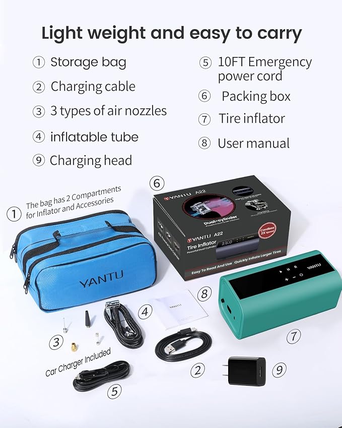 YANTU Cordless Tire Inflator with Dual-Cylinder & 8.3" Large Screen-Portable Air Compressor for Car Tires,12V Rechargeable,Tire Pressure Gauge,Up to 150 psi, Auto/Bicycle/Moto/Truck Use