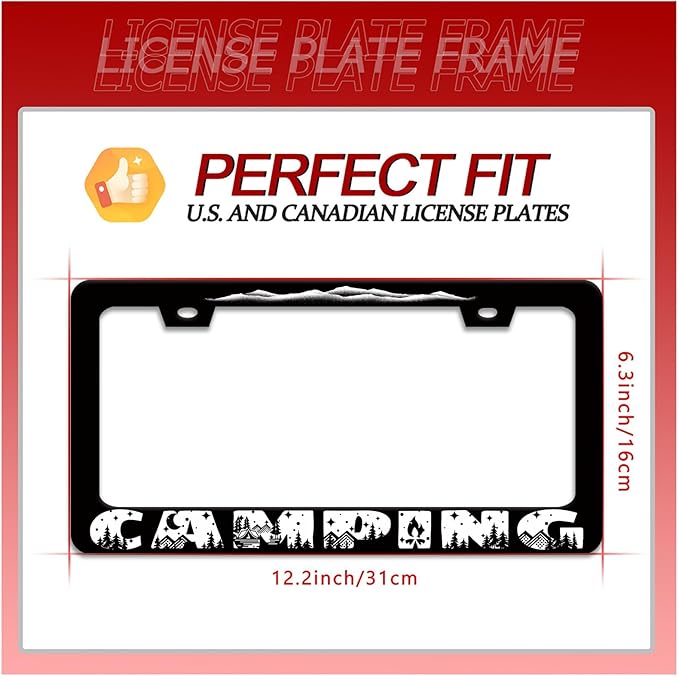 Camping License Plate Frame Mountains License Plate Holder Forest for Car Decorative Parts Stainless Stee License Plate for Standard Us Canada Funny License Plate Frames 12x6 Inch