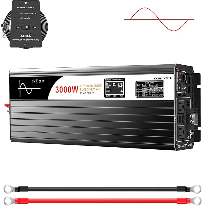 DC 12v AC 120V 60HZ Pure sine Wave 3000w Solar Power Inverter with Remote Switch&Soft Start for Home (DC12V (Range 10V-15V) 3000W)…