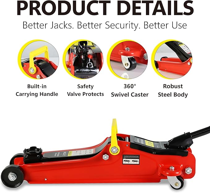 5 Piece Car Truck Floor Jack Service, Hydraulic Trolley Floor Jack & Jack Stands & Tire Repair Kit & L-Wrench for Garage, Repair Shop, DIY, Lift Range 3.3"-15.2", 2 Ton/4000 LBS Capacity, Red