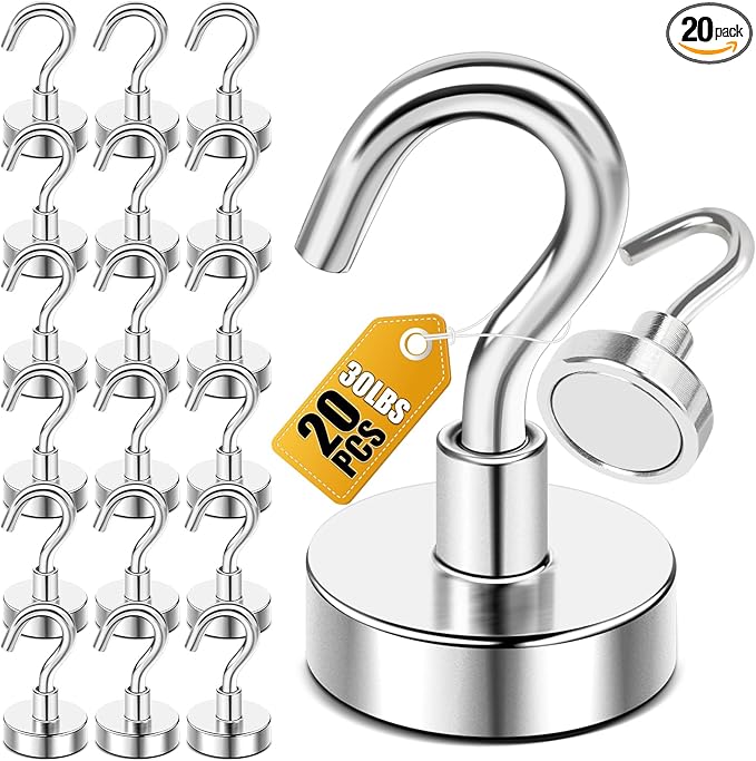 DIYMAG Magnetic Hooks, 30lbs+ Magnet Hook 2025 Cruise Cabin Ship Essentials Heavy Duty Strong Magnets Refrigerator Fridge Hanging for Classroom Beach Vacation Kitchen Grills Home 20 Pack (Silver)