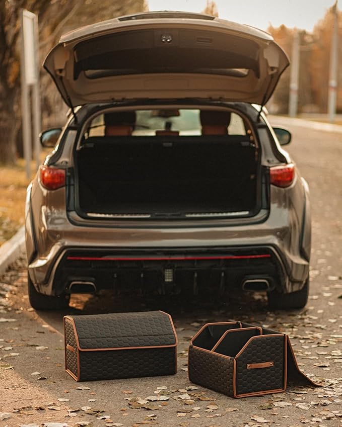 Car Organizers Set SUV Sedan Truck – Foldable Storage Boxes for Auto Accessories, Road Trips, Travel Essentials, Vehicle Organization, Great Gift for Men & Women Drivers – Hexy 17+21 Inch