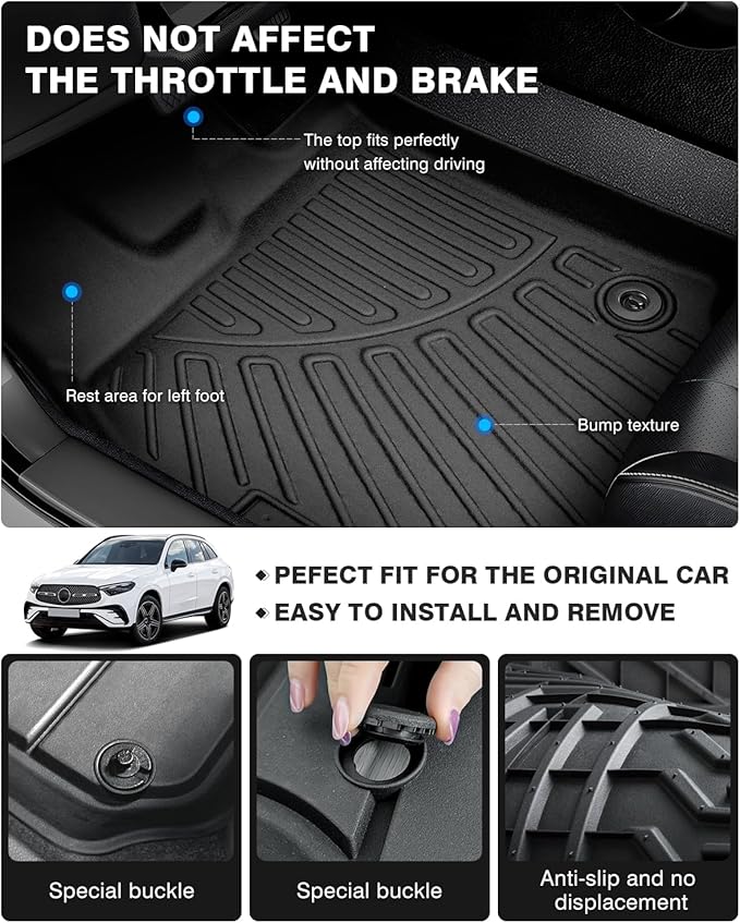 Powerty Floor Mats for 2023 2024 2025 Mercedes Benz GLC丨GLC 300丨GLC 350e丨4Matic Accessories All Weather Floor Liner 3D TPE 1st & 2nd Row Floor Mat Heavy-Duty Floor Liners