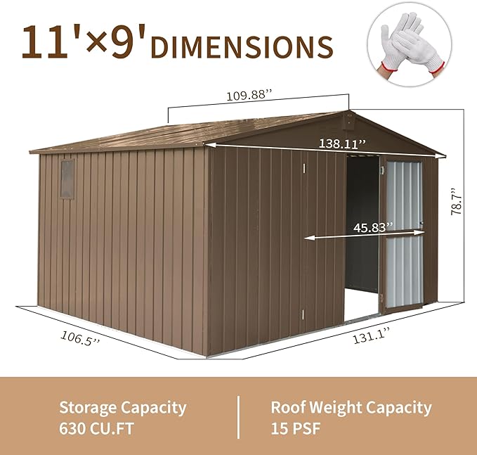 IKERY Large Galvanized Steel Storage Shed - 11' x 9' with Windows and Lockable Door, Outdoor Garden and Utility Tool Shed for Backyard and Patio, Brown