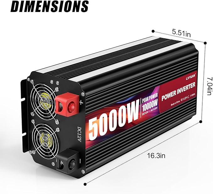 LVYUAN 5000 Watt Power Inverter 12V to 110V 120V for Vehicle, Solar Inverter System, Heavy Duty, RV, Truck, Off Grid,Camping with 4 AC Outlets, LCD Display, Wireless Remote Control, Car Power Inverter