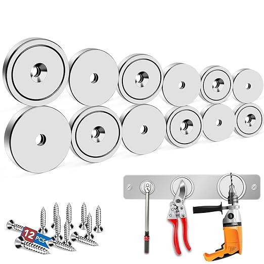 LOVIMAG Strong Rare Earth Magnets, 3 Sizes - Neodymium Cup Magnets with Countersunk Hole and Screw for Tool Organizer, Fridge, Cabinet - Pack of 12