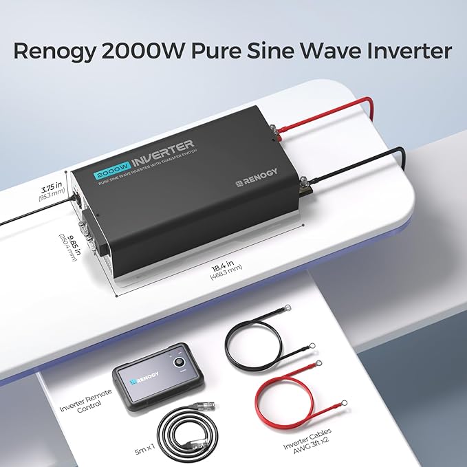 Renogy Inverter PUH 2000W, 12V to 110V Pure Sine Wave Power Inverter, Built-in Transfer Switch and Bluetooth, DC to AC Solar Converter for RV, Truck, Camping, Home, Emergency, Off-Grid Living