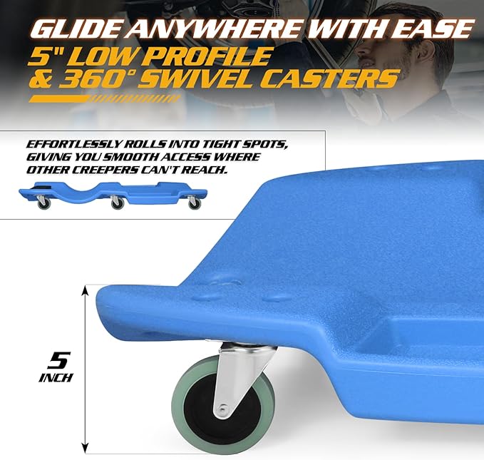 Magshion Mechanic Creeper with Padded Headrest & Tool Trays – 440 lbs Capacity, Rolling Garage Creeper with 6 Swivel Wheels, Lightweight & Portable Under Car Creeper for Auto Repair (Blue)