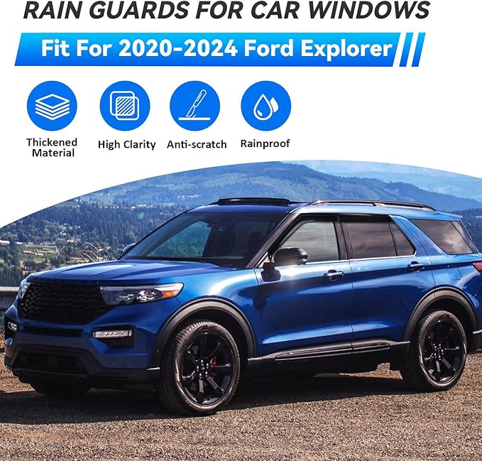 4pcs Window Visors Compatible with 2020-2025 Ford Explorer Front+Rear Smoke Tint Sun/Rain Guard Outside Mount Tape-On Vent 2021 2022 2023 2024