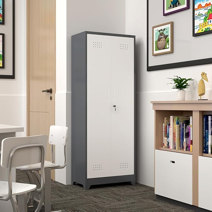 Metal Cabinets with Doors and Adjustable Shelves, 65" H Lockable Storage Cabinet, Grey-White Utility Cabinet for Brooms and Mops for Home,Kitchen,Garage