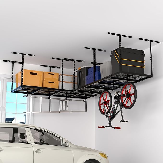 Heavy-Duty 3x8 Overhead Garage Storage Rack with Adjustable Ceiling Shelving with 600lbs Weight Capacity，22 lbs per Hook, Steel Hanging Organizer for Tools, Bins & Bikes Black