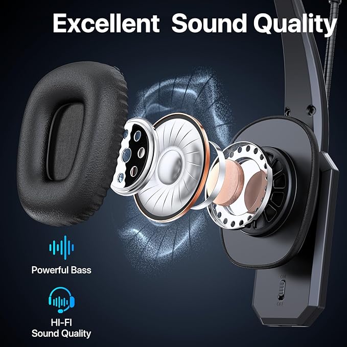 Bluetooth Headset, Trucker Bluetooth Headset with Noise Cancelling Microphone & Mute Button, 60Hrs Working Time, Wireless On-Ear Headphones with Mic for Work/Cellphone/Laptop/Office - Black