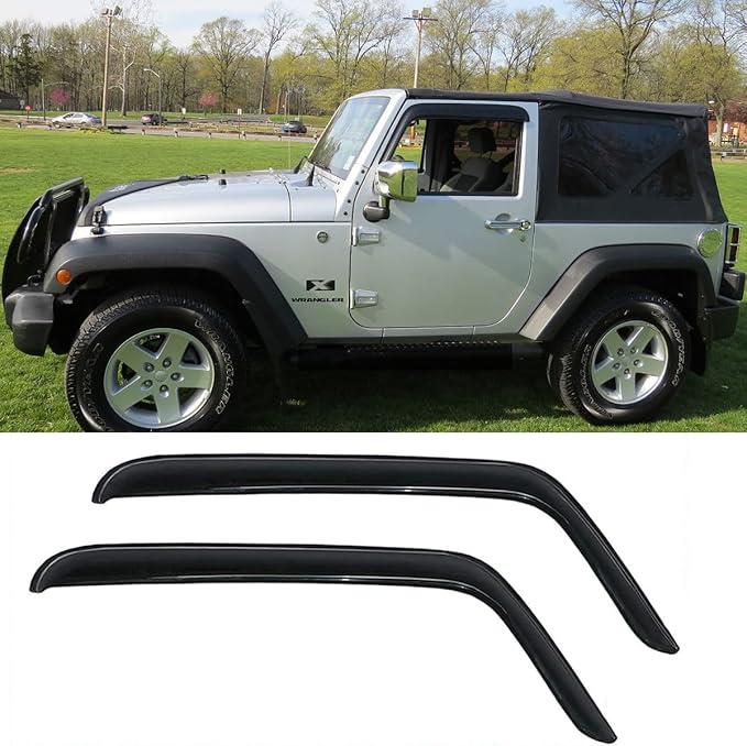Side Window Visor Wind Vent Deflectors,2pcs Outside Mount Tape-on Shatterproof Dark Smoke Rain Guards Shades fit for 2007-2018 Jeep Wrangler (JK) 2-Door Model 92328