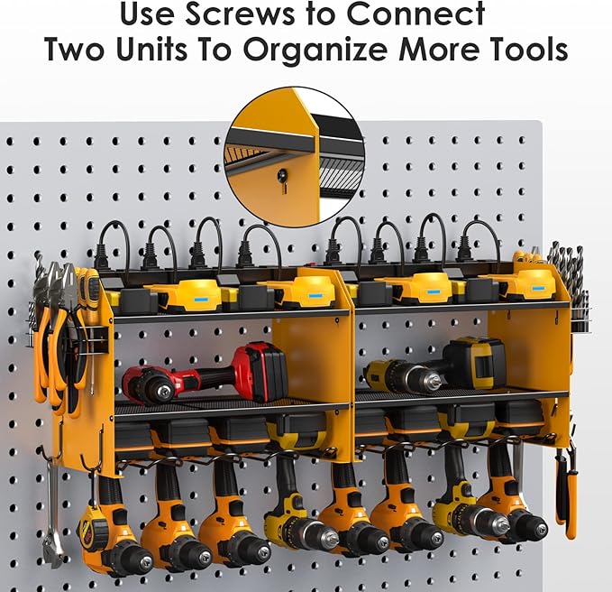 CCCEI Modular Power Tool Organizer Wall Mount Charging Station, Yellow 6 Drills Holder with 8 Plug Power Strip, Garage Drill Battery Heavy Duty Metal Shelf, Utility Rack with Hooks, Side Storage.