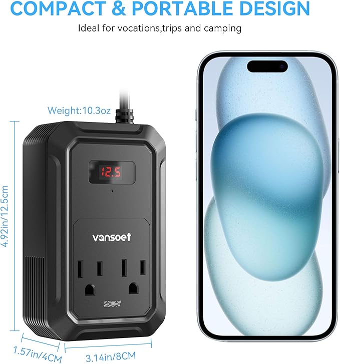 200W Car Power Inverter DC 12V to 110V AC Inverter with PD 65W/30W USB C & 2 QC 18W USB Ports & 2 AC Outlets,Car Pluɡ Adapter Outlet for Laptop/Phone/Road Trip
