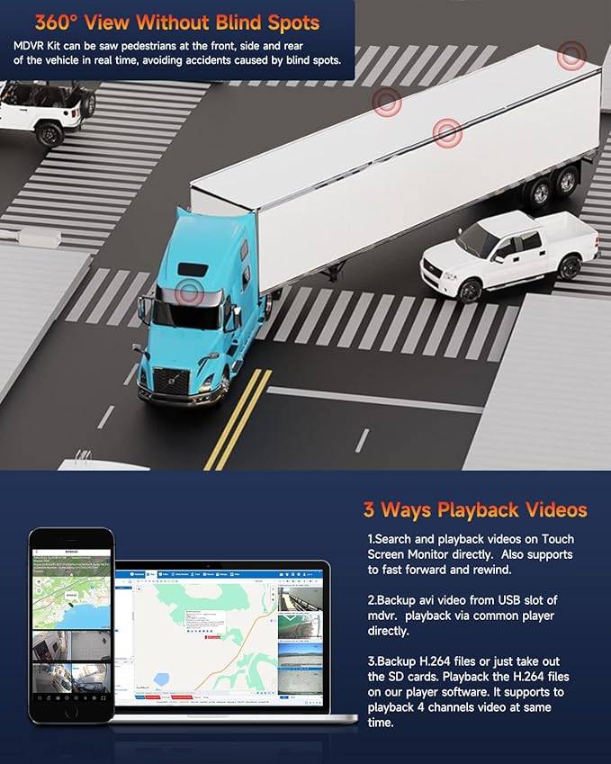 8CH Mobile DVR Monitor Camera System with WiFi Live GPS Tracking HDD MDVR Video Recorder 7" Touch Screen Monitor and 4 1080P Rear Side View Camera Waterproof Night Vision for RV Truck Trailer Tractor