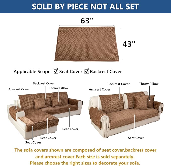 Eismodra Couch Cover,Sectional Couch Covers,Sofa Covers for 3 Cushion Couch,Anti-Slip Sofa Slipcovers for Dogs Cats Kids Loveseat Recliner L Shaped Armrest Backrest,Brown 43''x63''(Only 1 Piece)