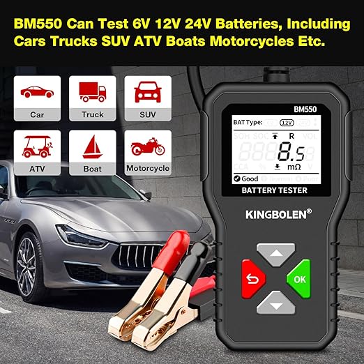 KINGBOLEN BM550 6V 12V 24V Car Battery Tester, 100-2000 CCA Voltage Tester 2Ah-220Ah Internal Resistance Tester Accurate Digital Auto Battery Analyzer for Cars Trucks SUV ATV Boats Motorcycles Vehicle