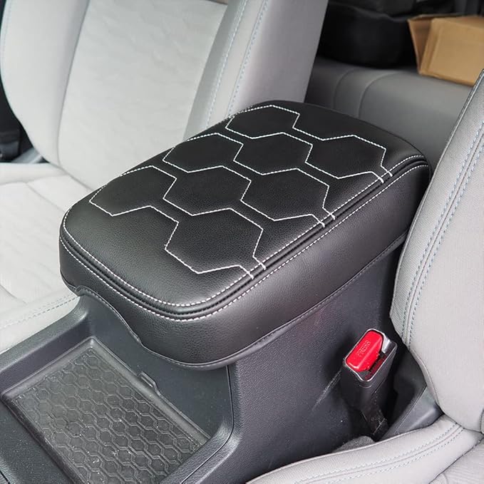 Muslogy for Frontier Center Console Pad Armrest Box Cover Vegan Leather Soft Accessories Armrest Lid Protector Compatible with Nissan Frontier 2022-2024 2025 (Regular Thick, V1 White Stitching)