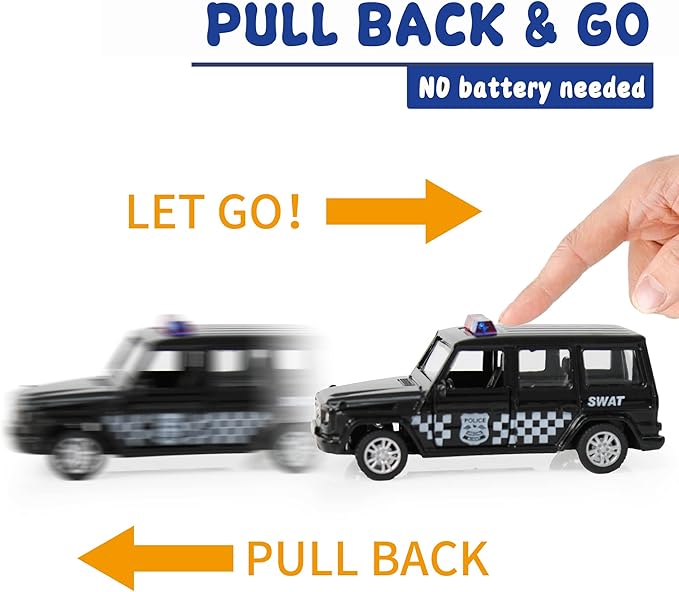 KIDAMI Die Cast Metal Little Toy Cars Set of 5, Openable Doors Pull Back Car Gift Pack for Kids (Police car)