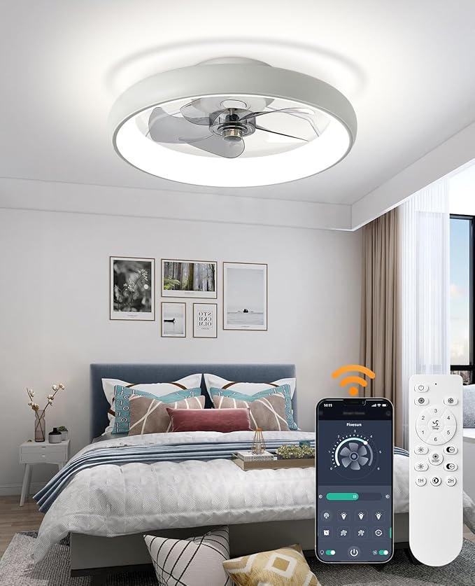 Ultra Low Profile Ceiling Fans with Lights and Remote Ultra Quiet 25 dB, 21" Modern Flush Mount Ceiling Fan LED Ceiling Fan Fandelier Ceiling Milky White