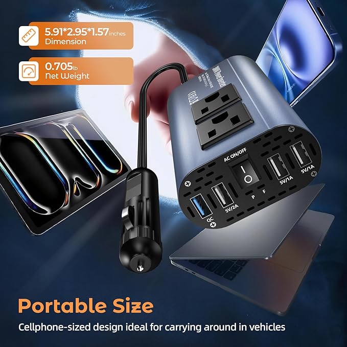 300W Car Power Inverter, DC 12V to 110V AC Car Plug Adapter Outlet with USB-Fast Charger(25W)、 USB-A（20W） and Dual AC Outlet, QC3.0, 4 USB Ports, Car Charger for Laptop、Phone, etc