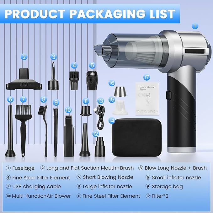 Arify Pro Car Vacuum Portable Cordless with 18000PA Super Suction, 4 in 1 Portable Air Blower/Car Vacuum 90°Foldable Handheld Rechargeable Brushless Motor for Home, PC