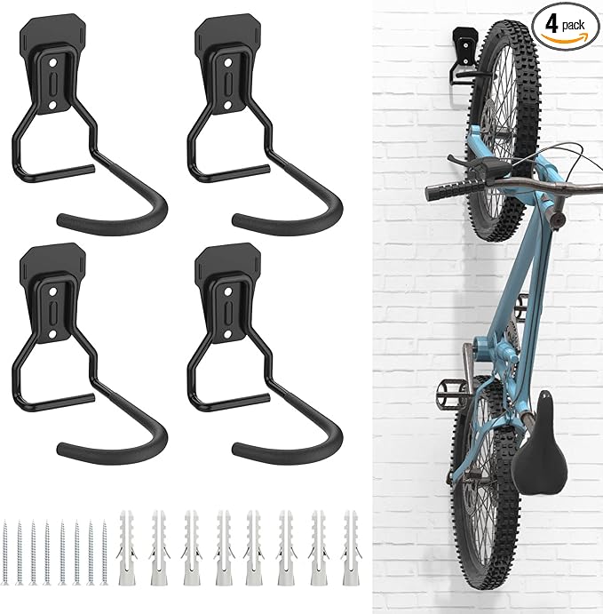 Bike Wall Mount with Fixed Hook, [4 Pack] Heavy Duty Bike Storage Rack, Bike Rack Vertical Stand for Garage - Easily Hang/Detach - with Screws Iron Bike Hanger Brackets