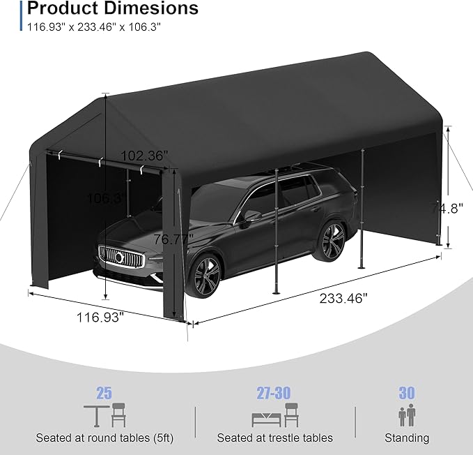 Carport 10x20 Heavy Duty Portable Garage w/Removable Sidewalls & Roll-Up Door Car Canopy Party Tents Waterproof UV Resistant All Weather Car Port for Trucks,Boats (Black)