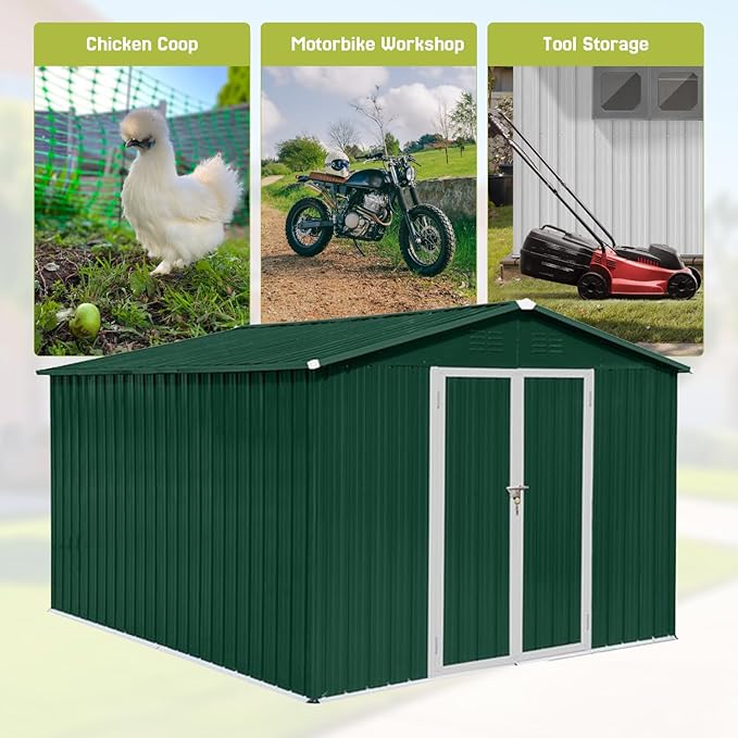 10' x 8' XL Outdoor Storage Shed, Sturdy Metal Building w/Lockable Doors for Garden, Backyard, Poolside and Lawn, Green