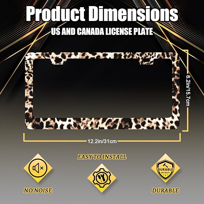 Brown Leopard License Plate Frame Animals License Plate Holder Stainless Steel Colorful Car Accessories Decoration 6.3"X12.3" with 2 Holes Screws