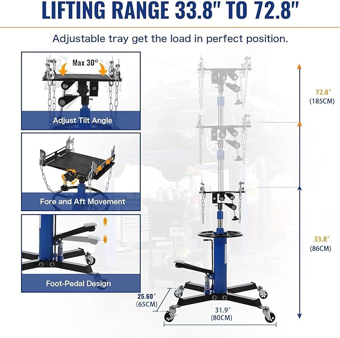 Transmission Jack 1100 LBS Hydraulic Telescoping 2-Stage Lift Jack Stand 33.8"-72.8" High Lift Transmission Jacks with Foot Pedal & 360° Swivel Wheels for for Garage/Workshop Car and Truck Repairs