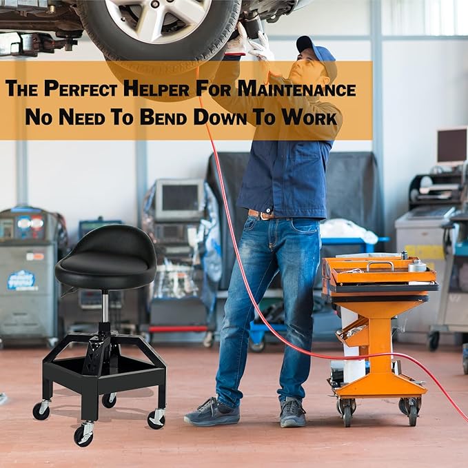 Garage Shop Rolling Seat, Heavy Duty Adjustable Rolling Mechanic Stool with Lockable 360° Wheels, 350 Lbs Capacity, Work Stool with Tool Tray for Garage & Workshop
