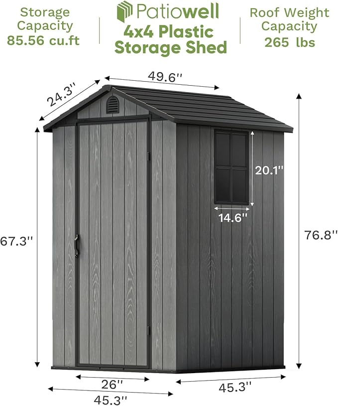 Patiowell 4' x 4' Plastic Outdoor Storage Shed with Floor, Resin Outside Tool Shed with Window and Lockable Door for Backyard Garden Patio Lawn, Gray (Fit-it Shed)