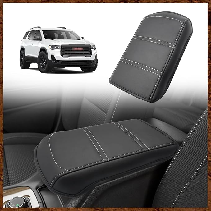 Muslogy for Acadia 2017-2023 Center Console Pad Armrest Cover Vegan Leather Cushion Pad Accessories Armrest Lid Protector Extra Soft Compatible with GMC Acadia 2023 2022-2017 (Black/White Trim)