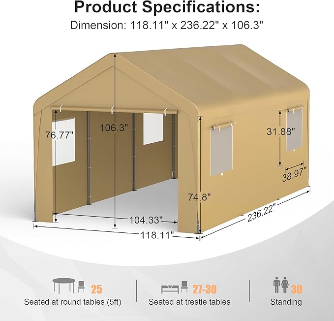 Morngardo Carport 10'x20', Heavy Duty 120 LBS Car Canopy Portable Garage with Roll-up Windows, Removable Sidewalls & Doors for Truck Boat Car Port, Party, Storage